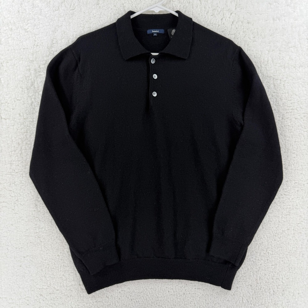 Bossini Sweater Mens XL Black 100% Wool Collared Button Polo Knit Pullover